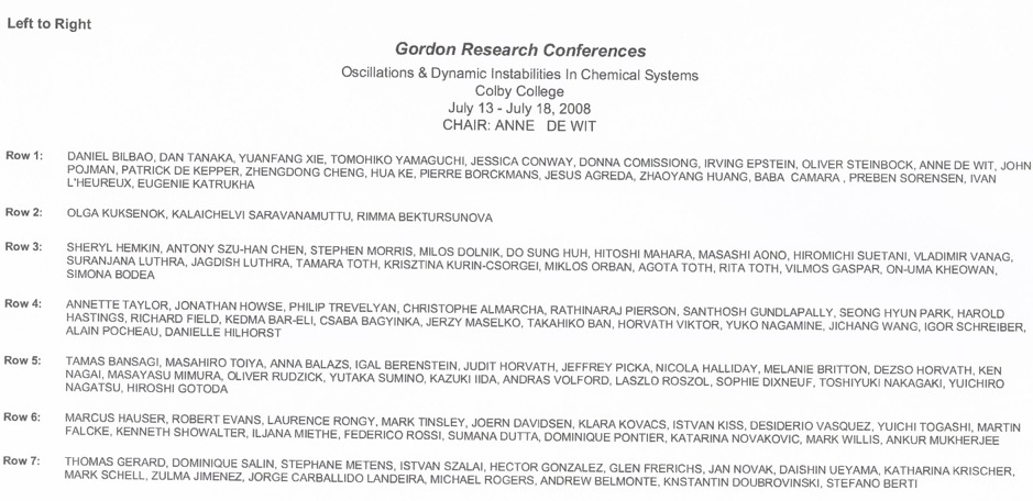 2008 Gordon Research Conferences: Oscillations & Dynamic Instability In Chemical Systems Registration List