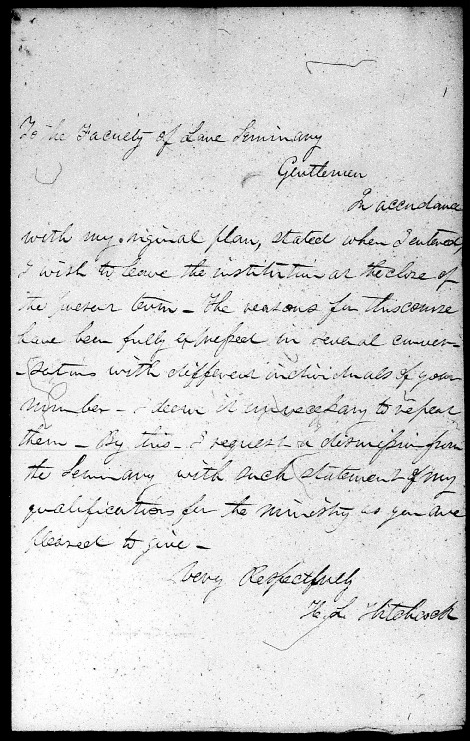 Hitchcock&#039;s Letter to the Faculty of Lane Seminary