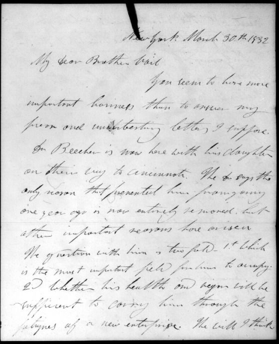 Eastman&#039;s Letter to Vail Regarding Beecher Coming to Lane Seminary